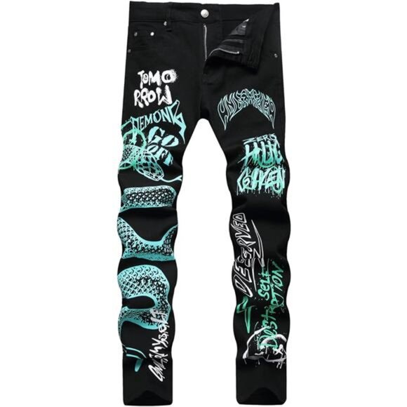 Men's Casual Printed Slim Fit Jeans Skinny Denim Pants